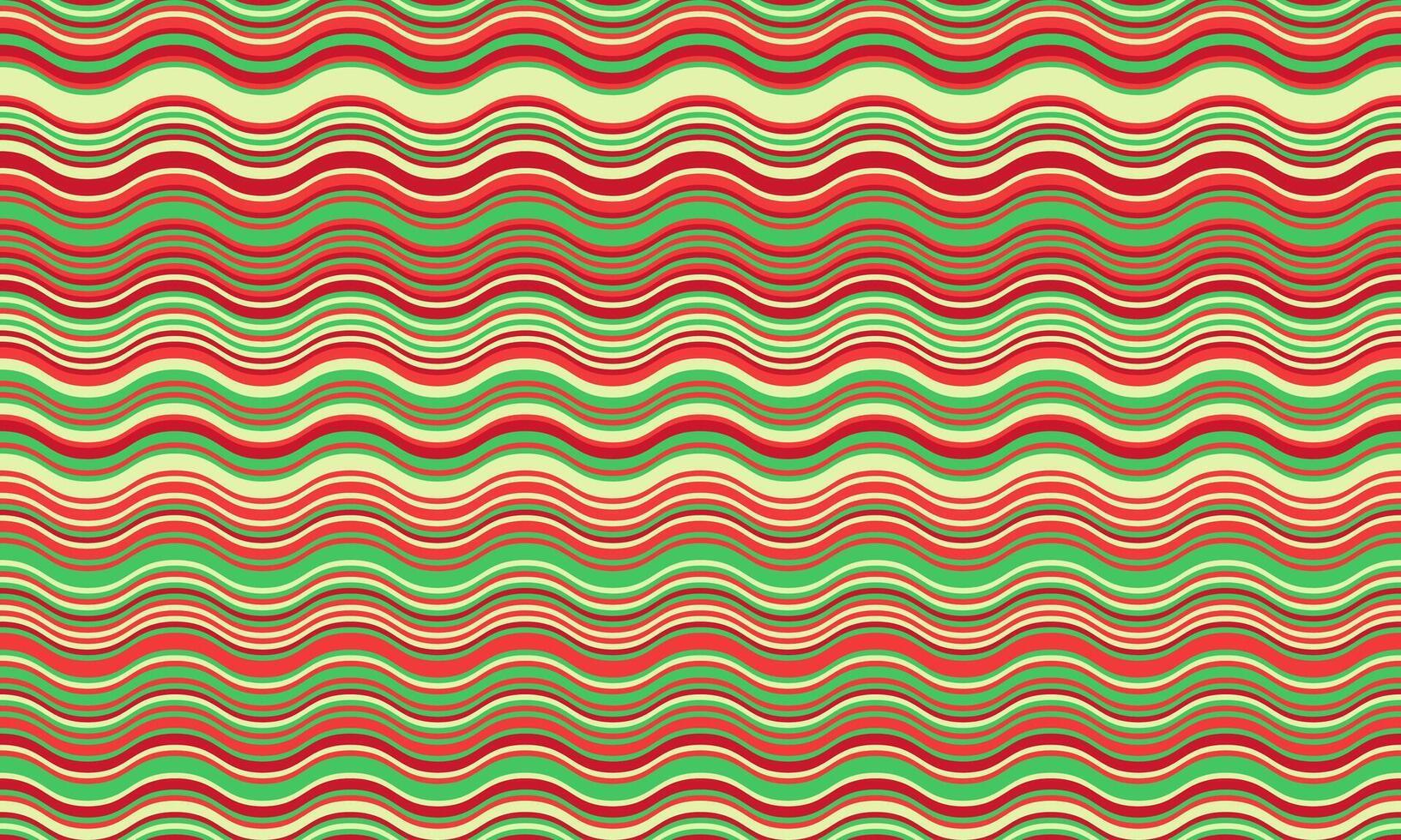 Vibrant wavy stripes in red, green, and cream create a cheerful, retroinspired pattern. Perfect for textile design, website backgrounds, or festive projects. vector