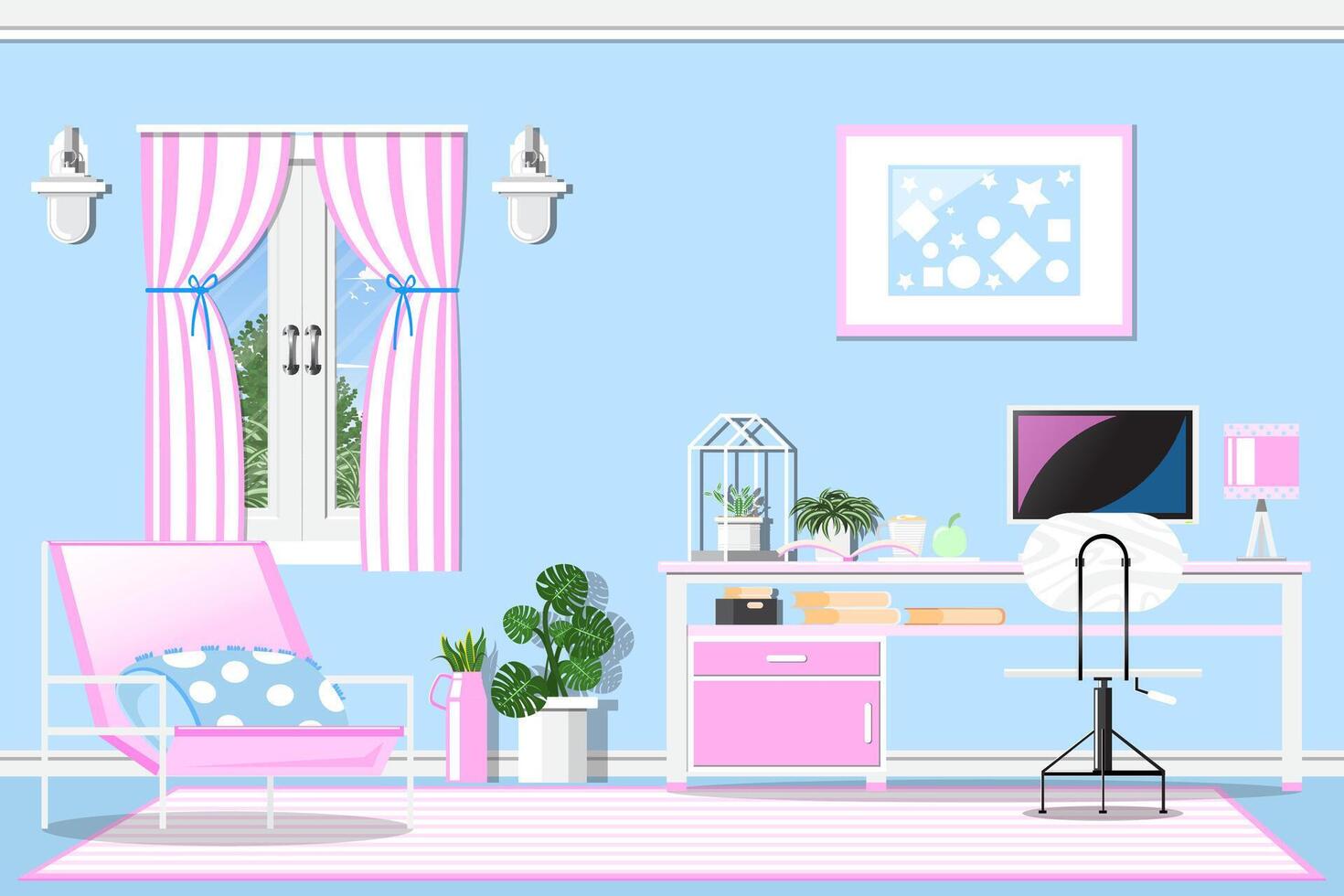 Office in modern style with work desk and computer decorated with potted plants in modern style. vector