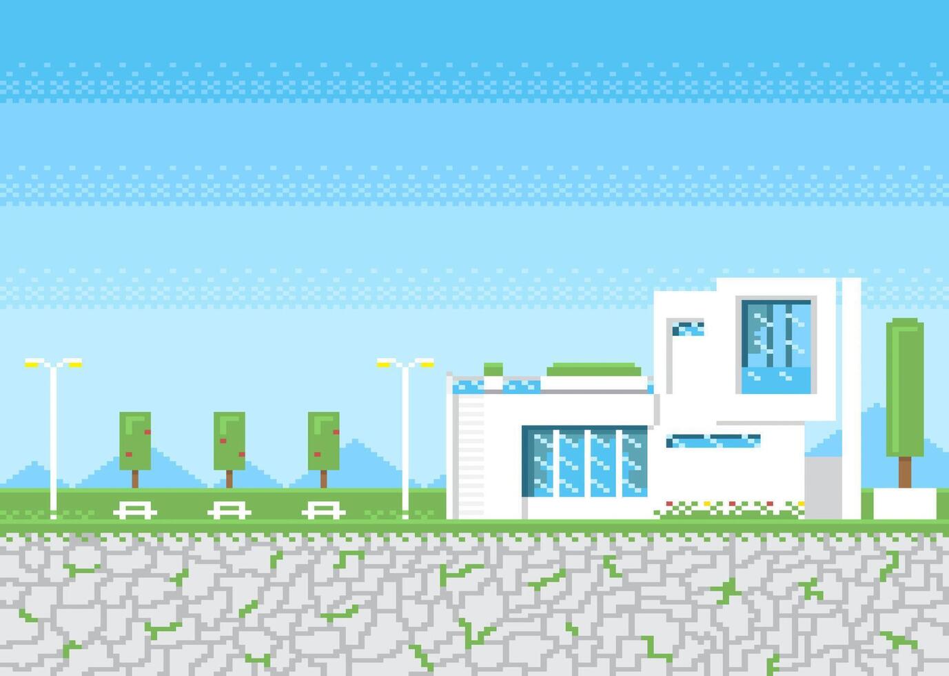 Modern house on stone step with park and lamp post in pixel game style. vector