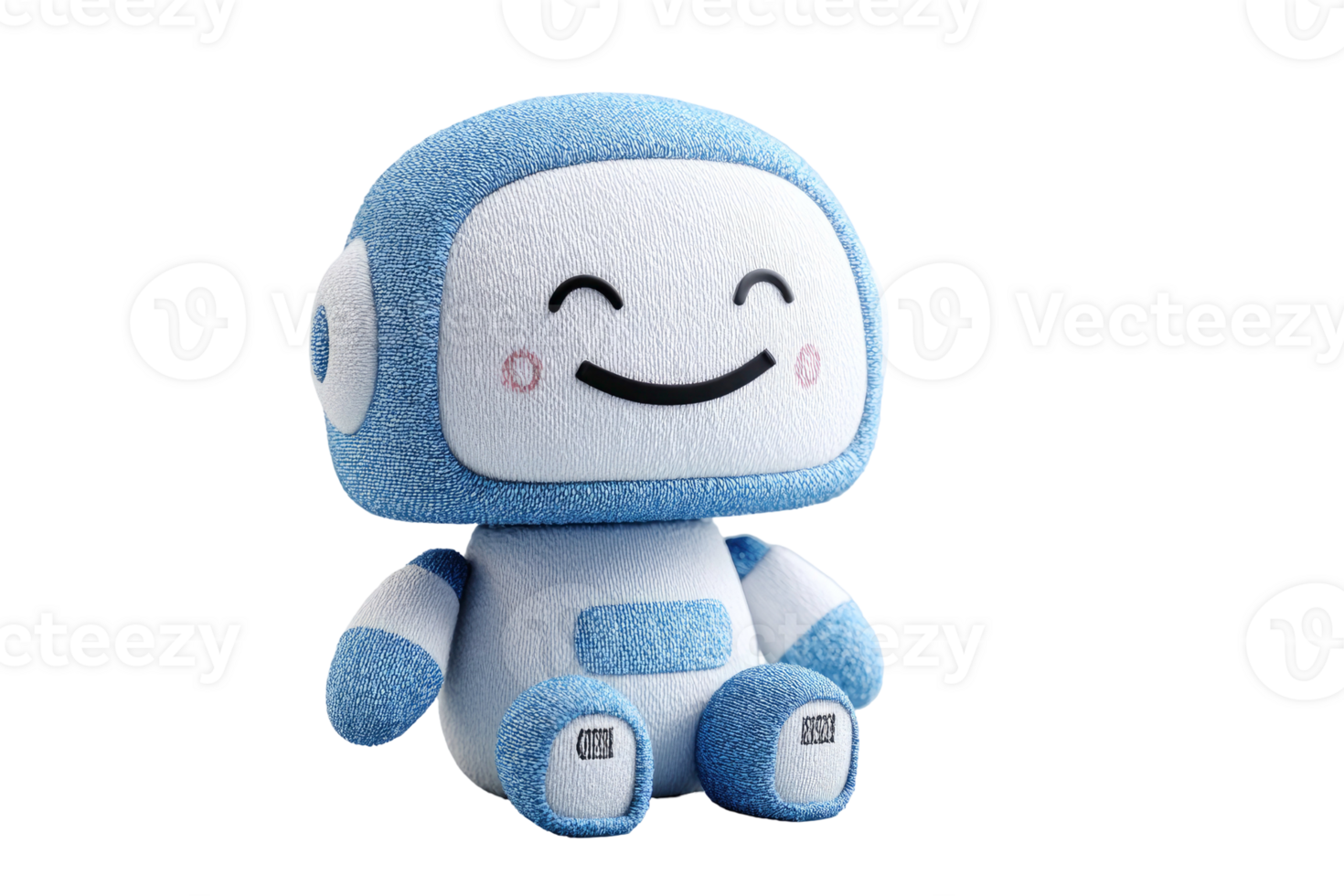Smiling plush robot character with a friendly face and blue white color scheme isolated on transparent background png