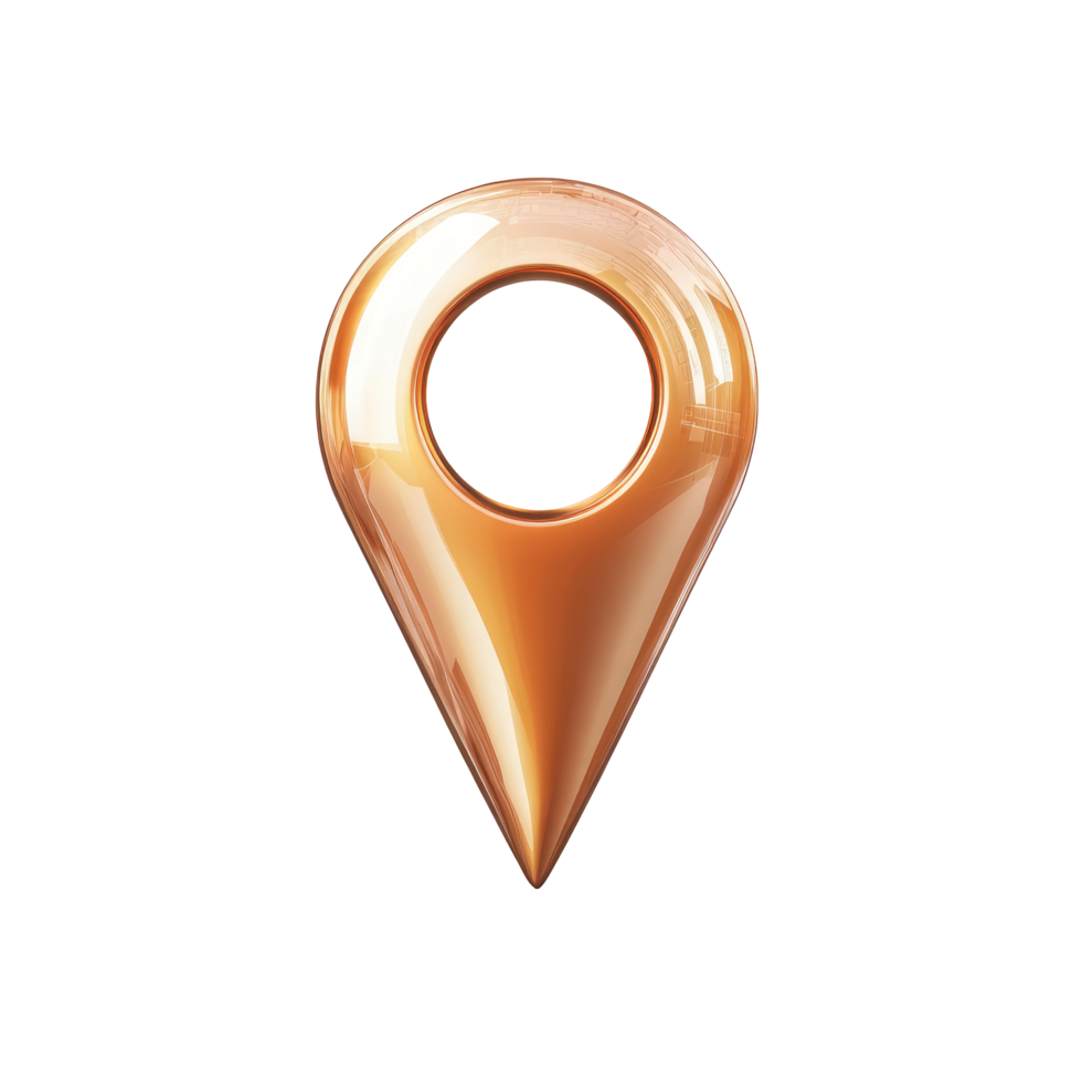 Shiny copper colored 3D location pin icon for mapping and navigation applications isolated on transparent background png