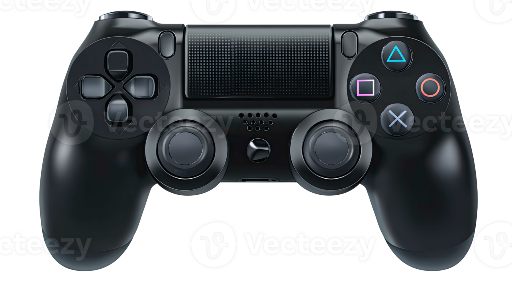 Black game controller featuring joysticks and colorful buttons isolated on transparent background png