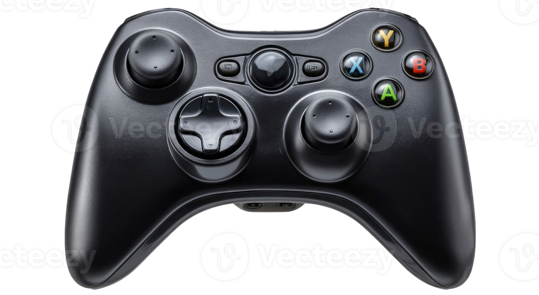 Black game controller with colored buttons for console gaming isolated on transparent background png