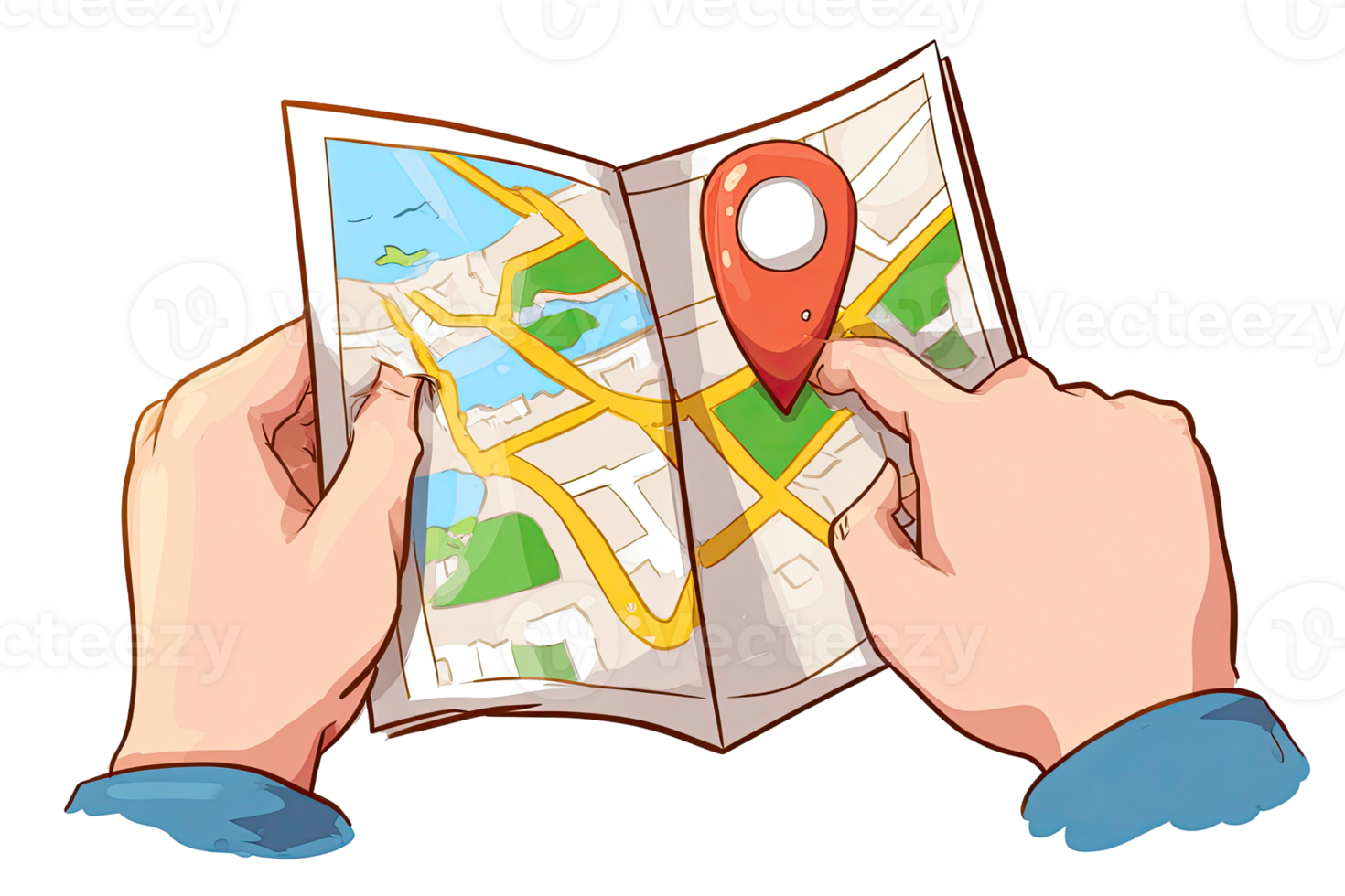 Hands holding a folded paper map with a red location pin for travel navigation isolated on transparent background png