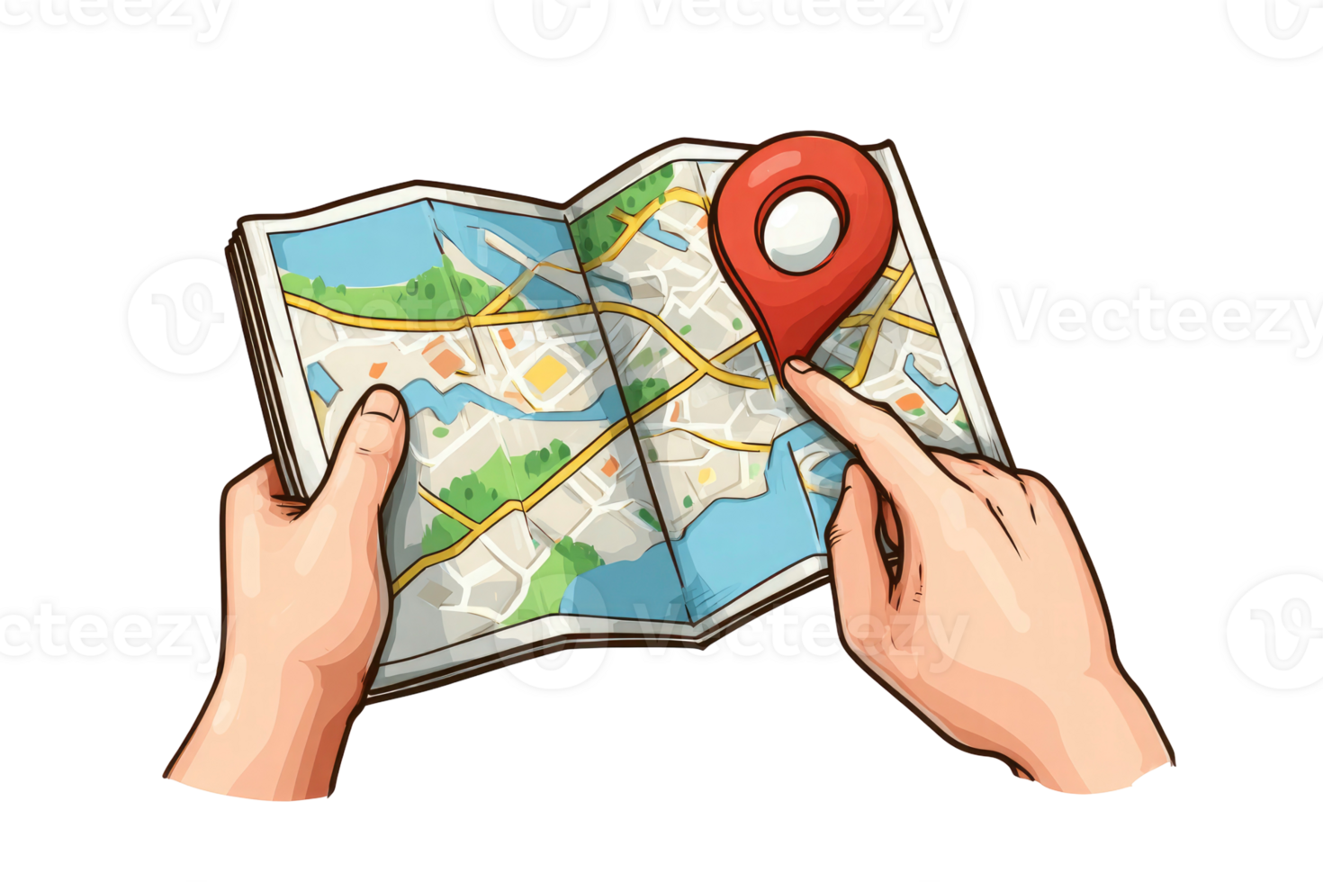 Hands holding a folded street map with a red location pin pointing to a destination isolated on transparent background png