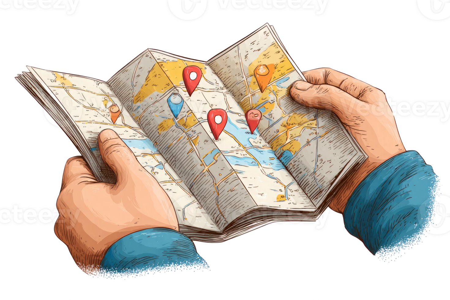 Hands holding an unfolded paper map with multiple location pins for navigation isolated on transparent background png