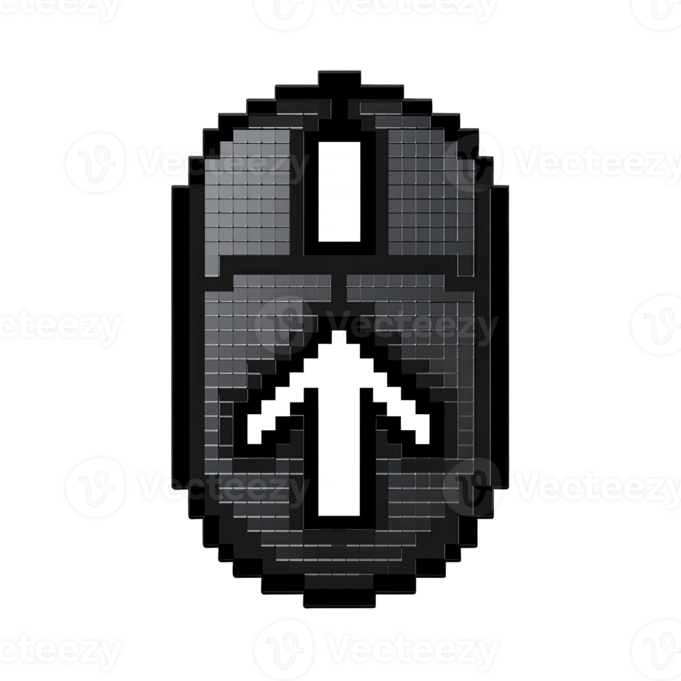 Pixelated computer mouse peripheral with an upward navigation arrow isolated on transparent background png