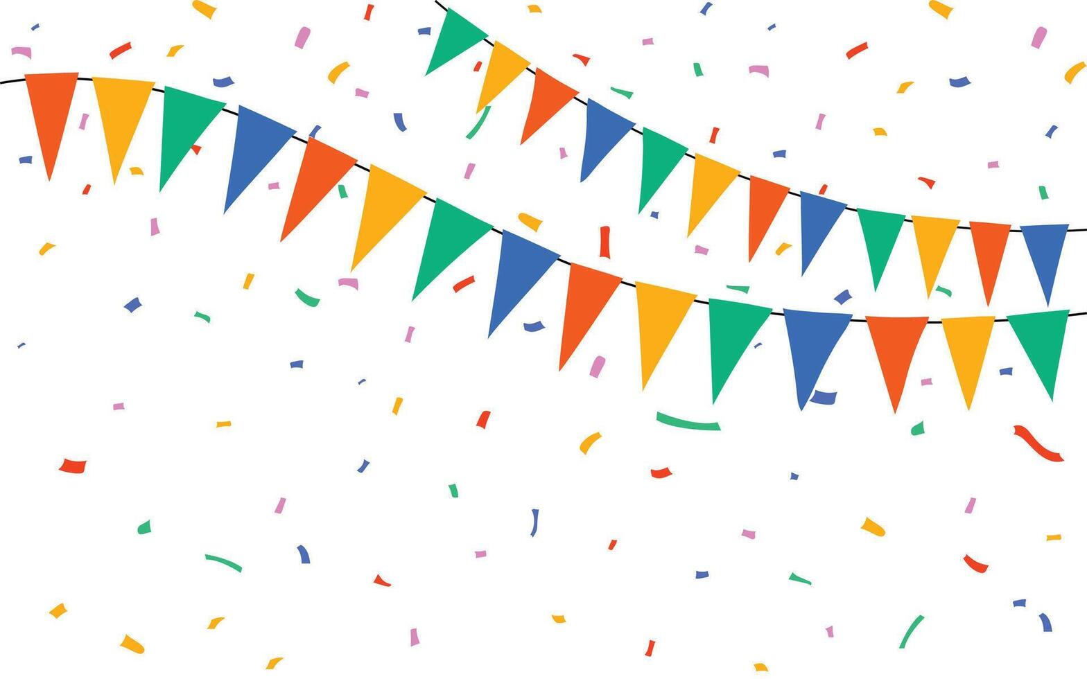 Colorful triangular bunting flags with scattered confetti for festive celebration background design vector