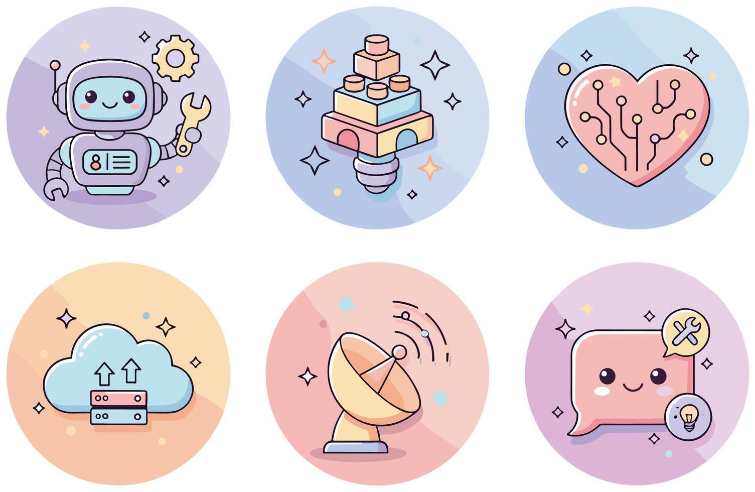 Tech and Tenderness Icons 6 Whimsical Digital Badges Isolated Soft Pastel Gradients Floating Sparkles vector
