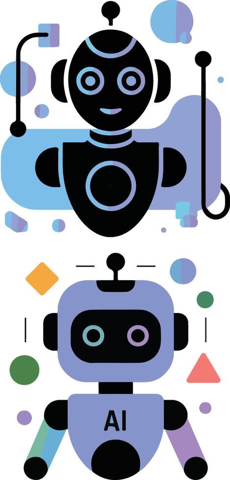 Modern illustration featuring friendly artificial intelligence robots, embodying advanced technology, future innovation, and digital concepts within a creative, abstract design framework vector