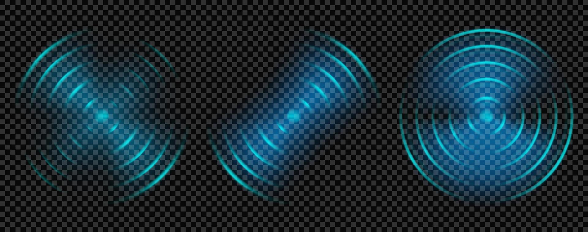 Sound wave radar with wifi signal ripple and sonar light effect for technology. Blue neon glow for 3d radial echo for tech background. Abstract wireless circular laser splash transparent overlay vector