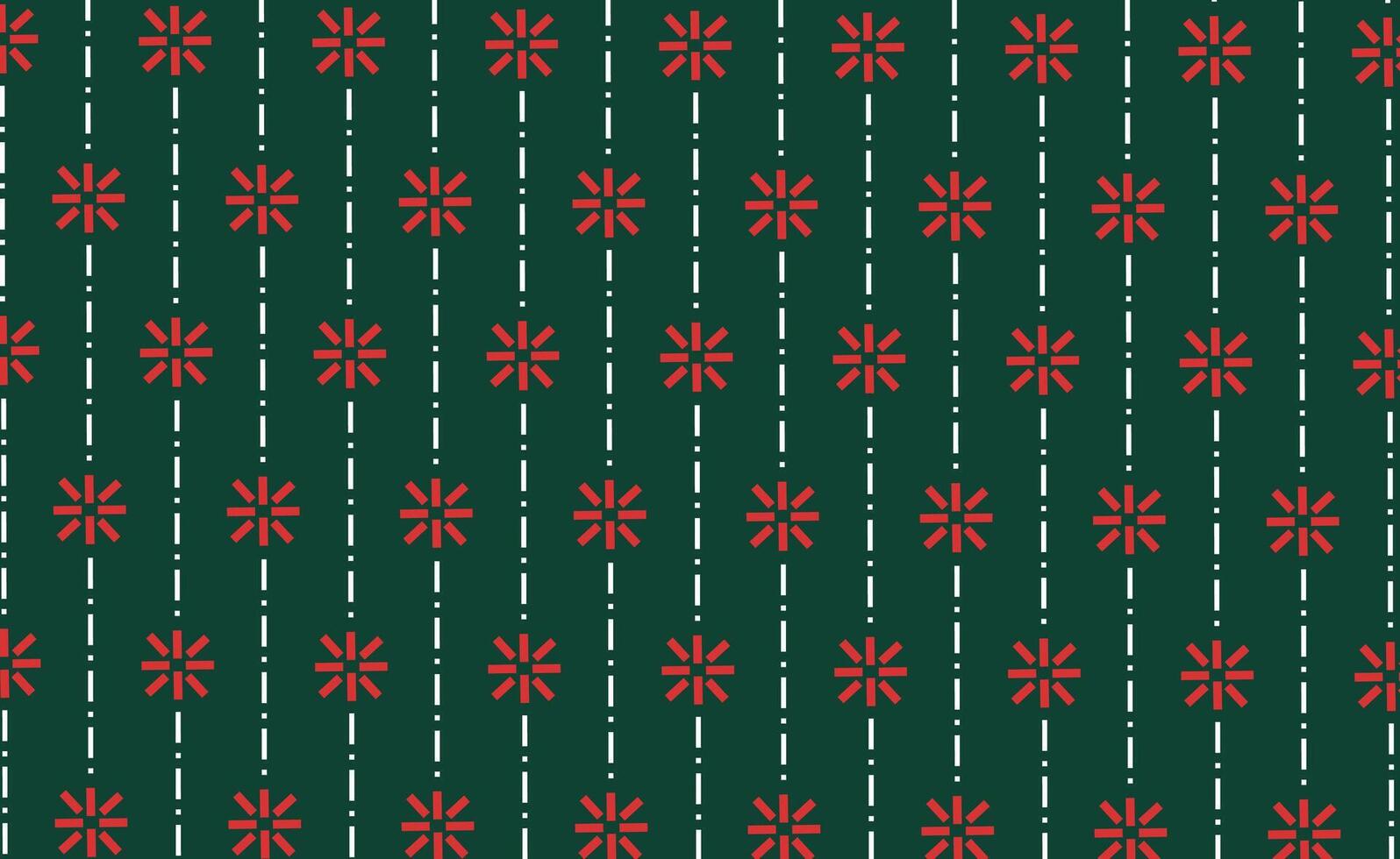 A repeating minimalist pattern featuring geometric floral shapes in red alternating with vertical dotted lines on a dark green background. This seamless pattern is ideal for backgrounds vector