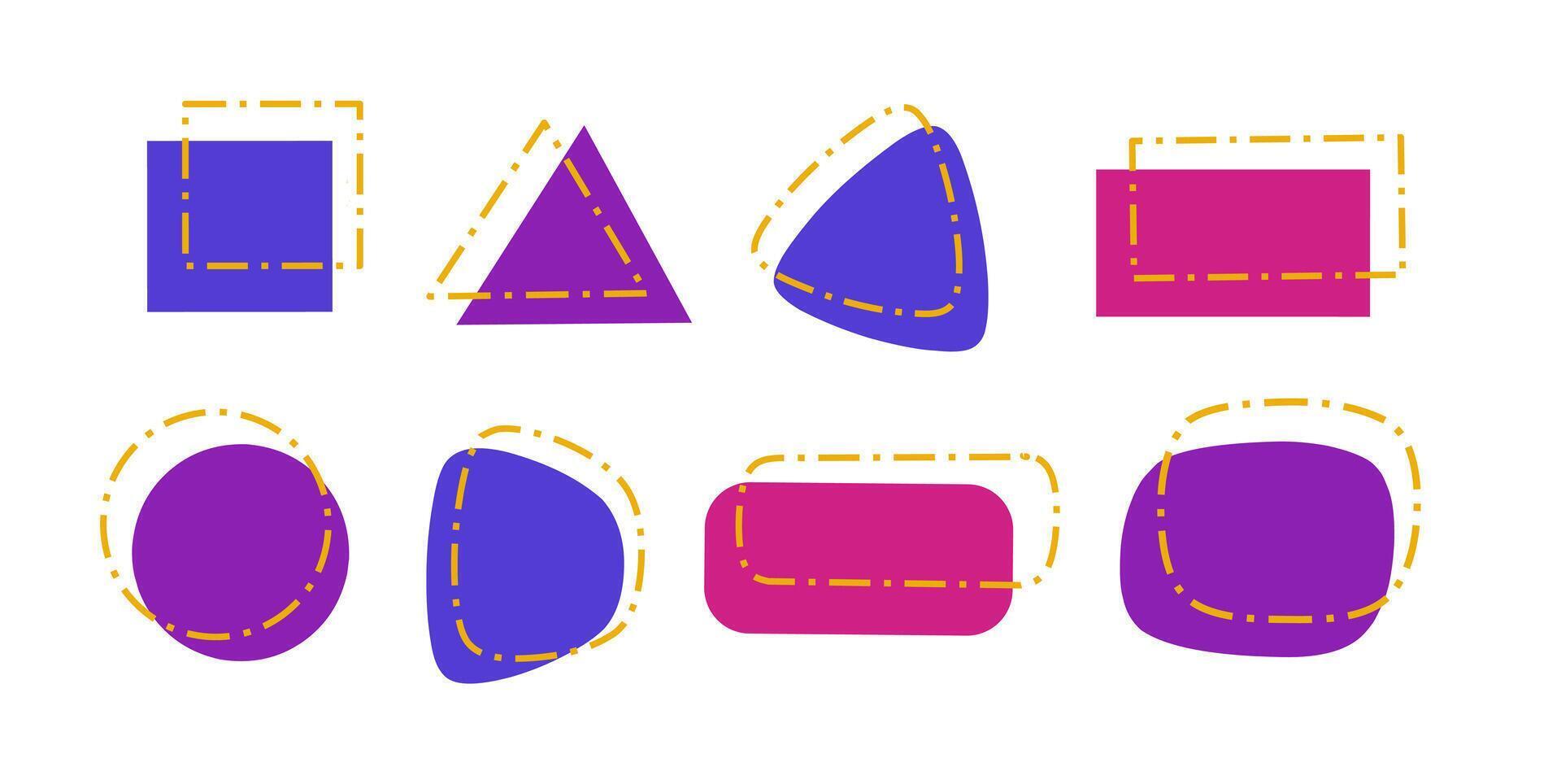 A set of pink and purple playful abstract shapes with dashed line outlines, The set includes a circle, square, triangle, and various abstract forms, Ideal for graphic design projects or presentations vector