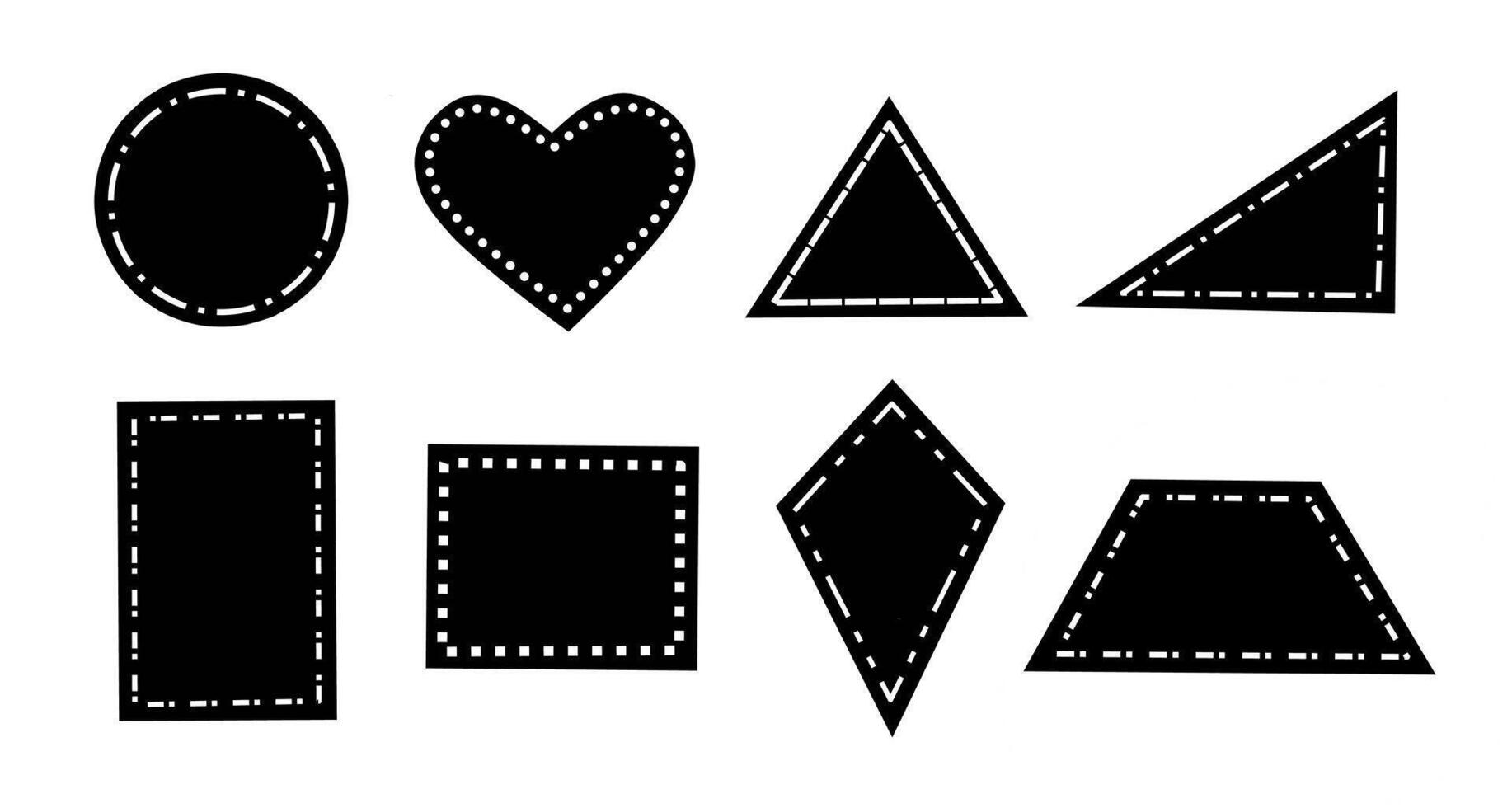 un conjunto de sencillo negro dibujado a mano geométrico formas con rayado línea fronteras incluye un círculo, corazón, triángulo, rectángulo, cuadrado, rombo y trapezoide. Perfecto para gráfico diseño elementos vector