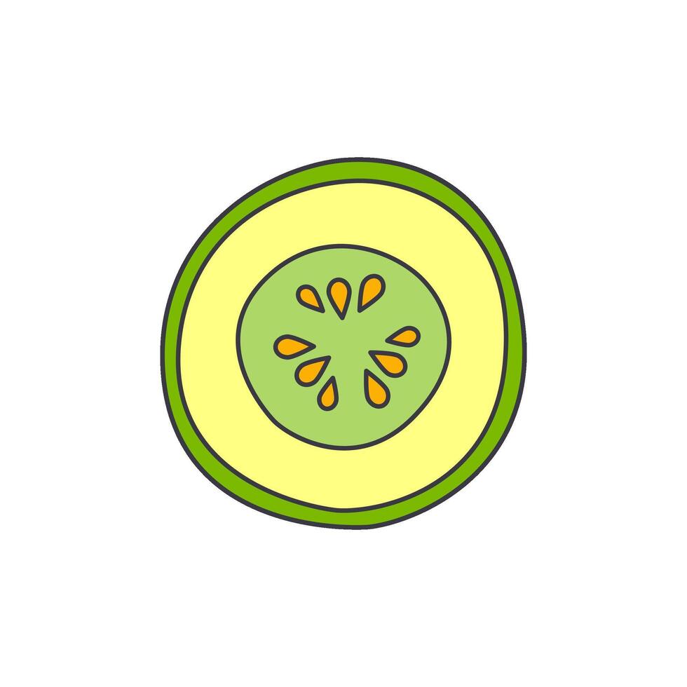 A simple, hand-drawn illustration of a sliced cucumber with visible seeds and a light green rind vector