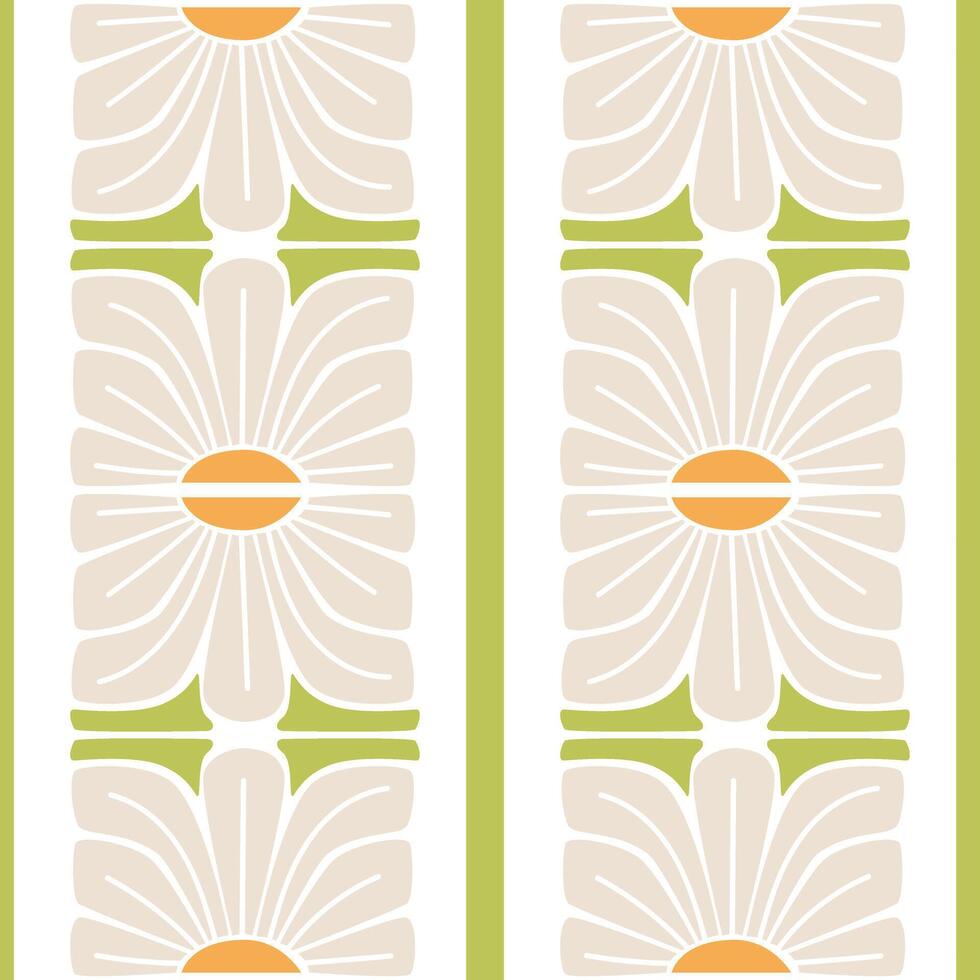 A flat Art Nouveau pattern of abstract botanical decorations. Repeating vertical stripes of mirror daisies. Perfect for wrapping paper, seasonal textile prints, digital paper, and surface decoration vector