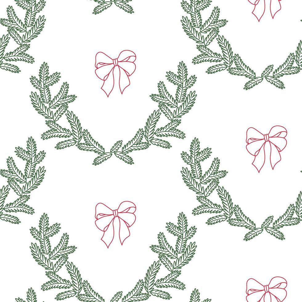 Doodle pattern of botanical decorations Festive fir wreaths and red ribbons scattered across arranged in a semicircle. Perfect for wrapping paper, seasonal textile prints, digital paper, and surface d vector