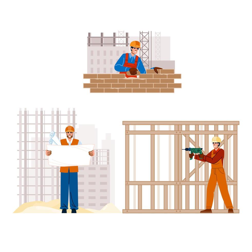 Construction workers developing building project planning and framing vector