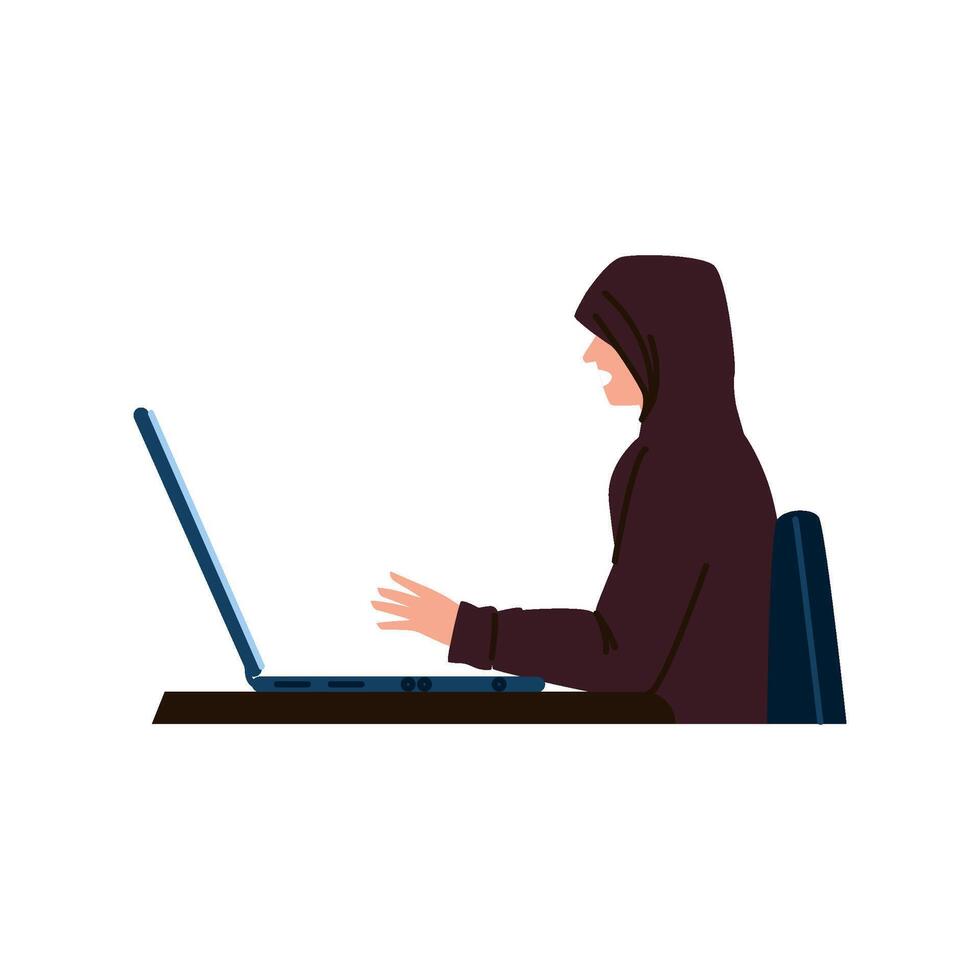 Hacker in hoodie using laptop for cybercrime and data breach vector