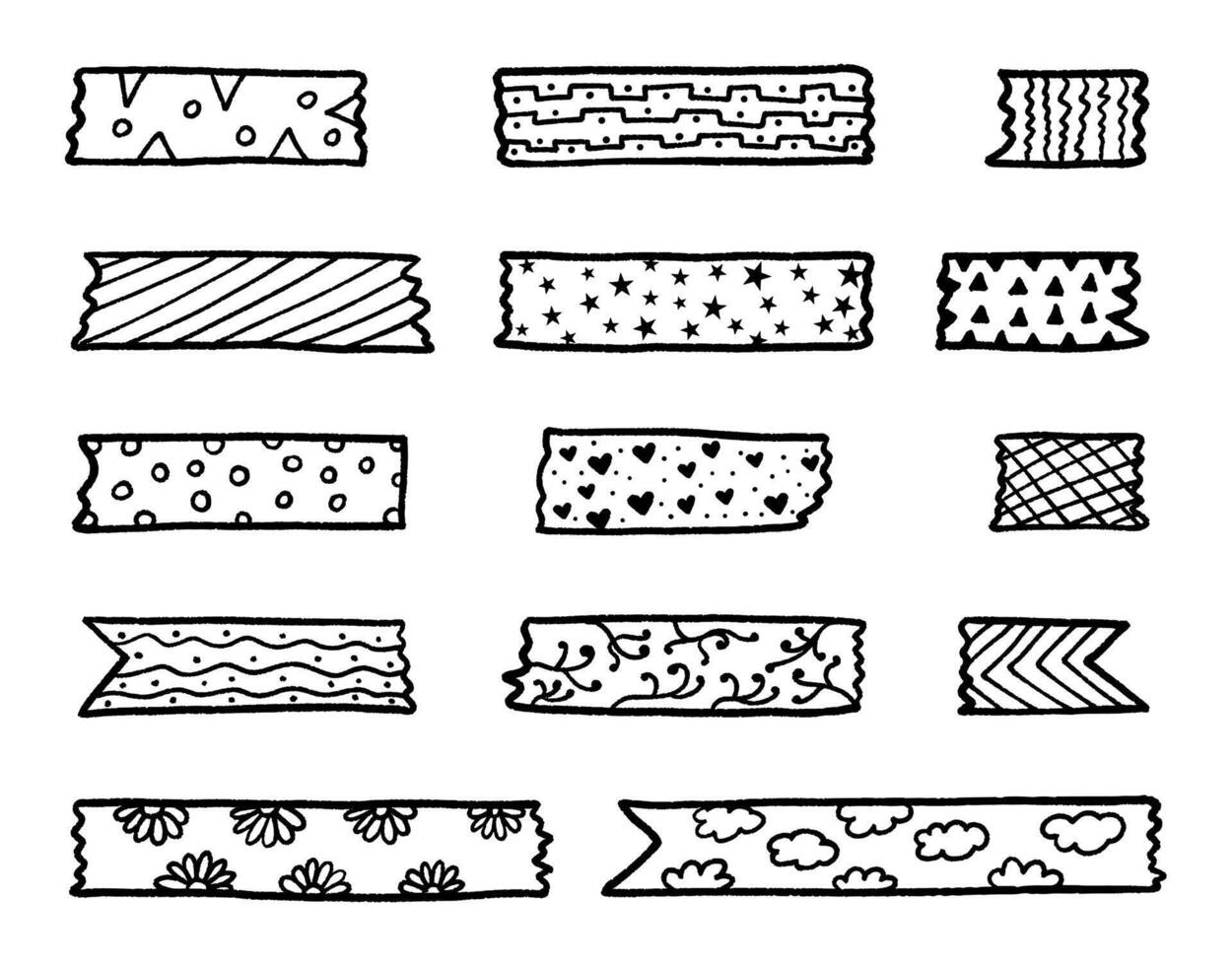 Collection of decorative washi tape strips with various patterns for scrapbooking and creative projects isolated on a white background vector