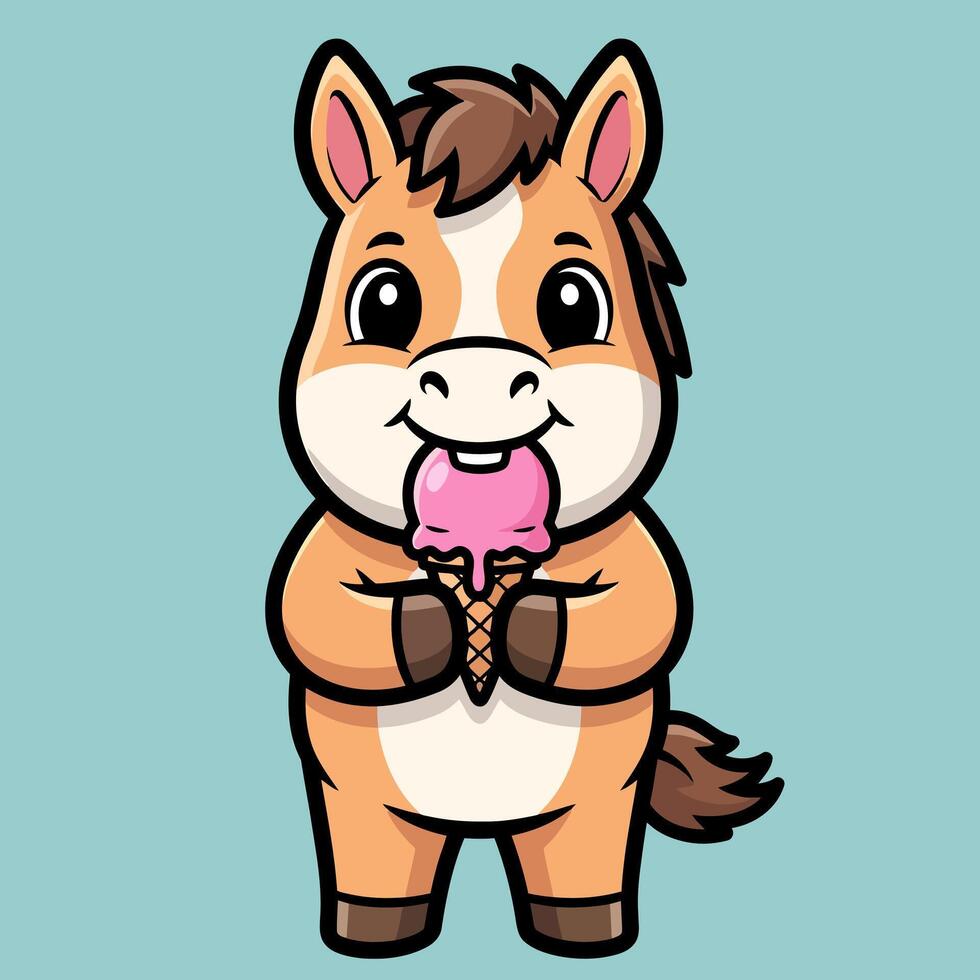 Cute animated horse smiling while indulging in a delicious frozen treat, a charming graphic ideal for various sweet-themed projects and kid-friendly content vector