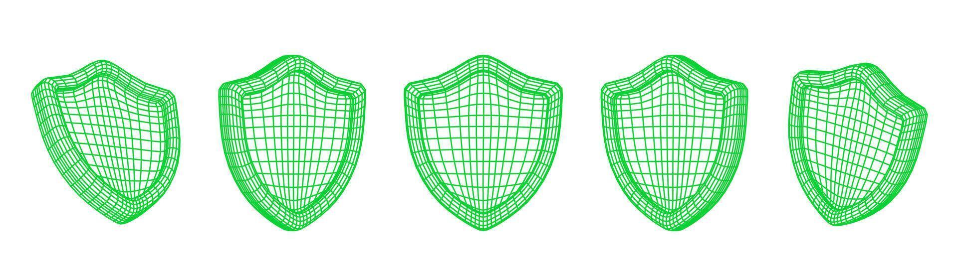 Digital Shield Wireframe Collection Featuring Green 3D Mesh Protection Icons For Technology And Secure System Design. Digital Shield Icons. Illustration vector