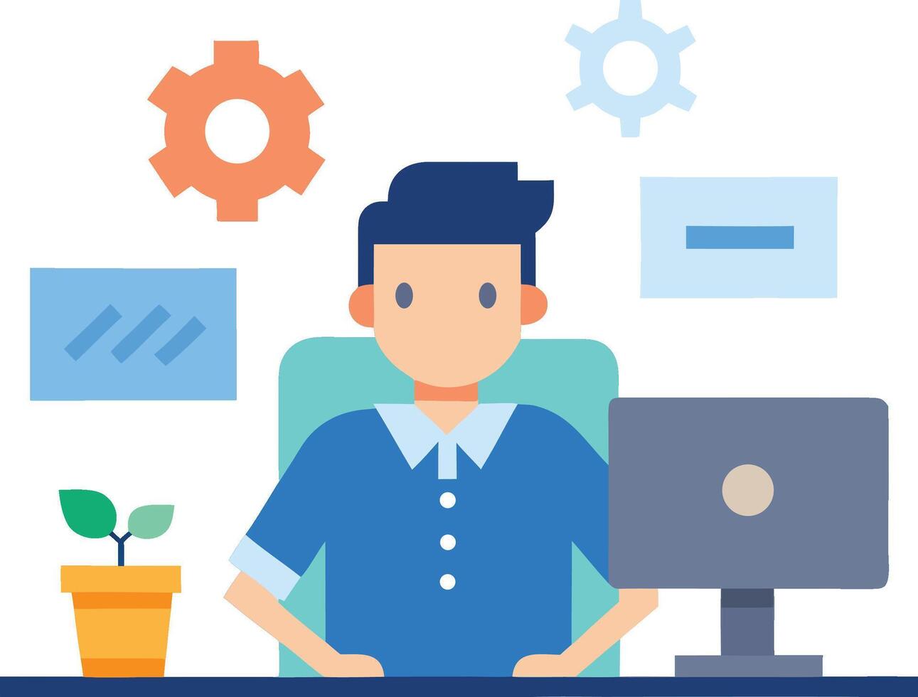 Programmer working at a desk with coding symbols and gears vector