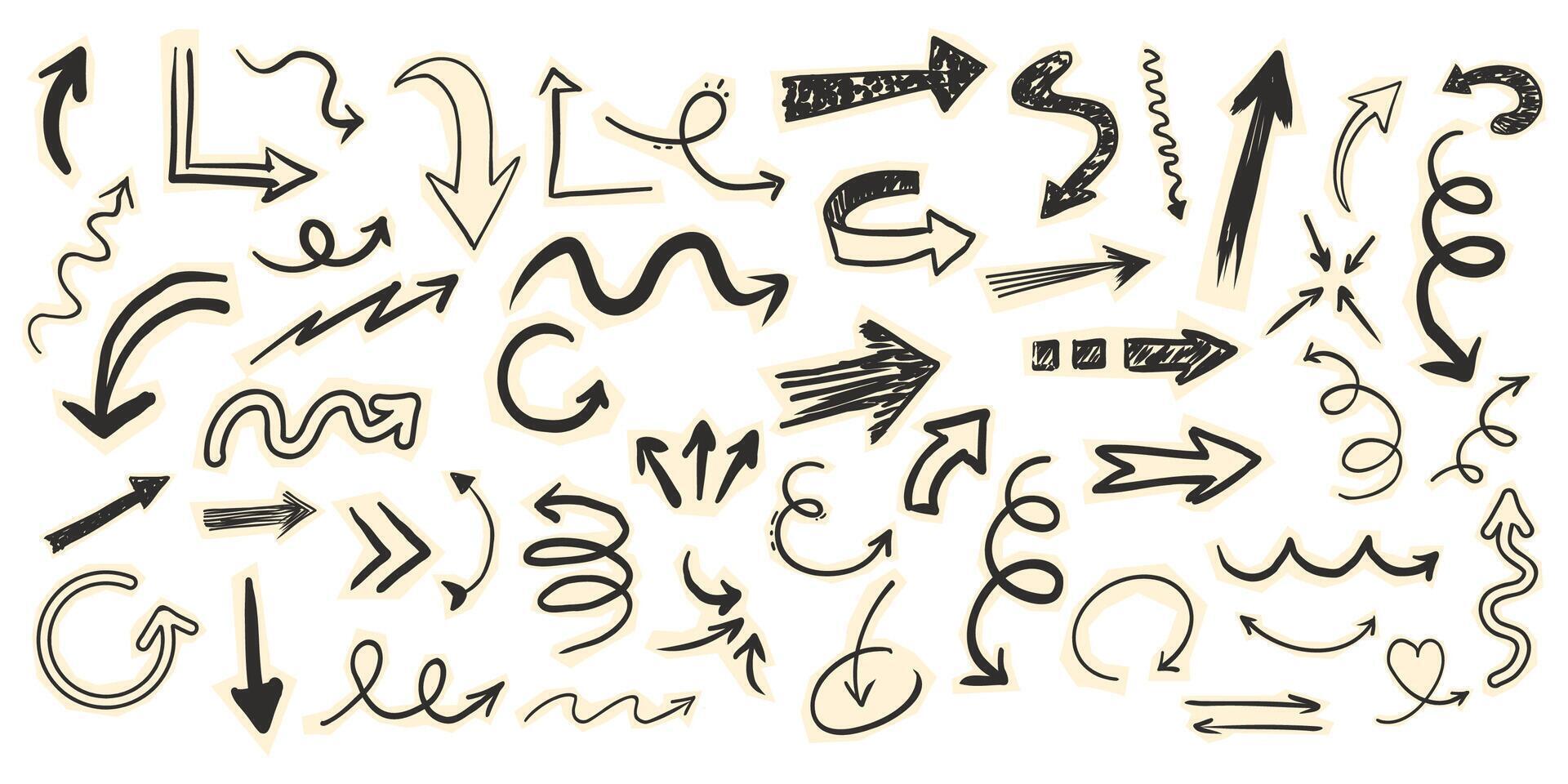 Scrapbook set with paper arrow cutouts torn doodle scribble collage elements. Y2k swirl, up and down, right and left arrow collection vector