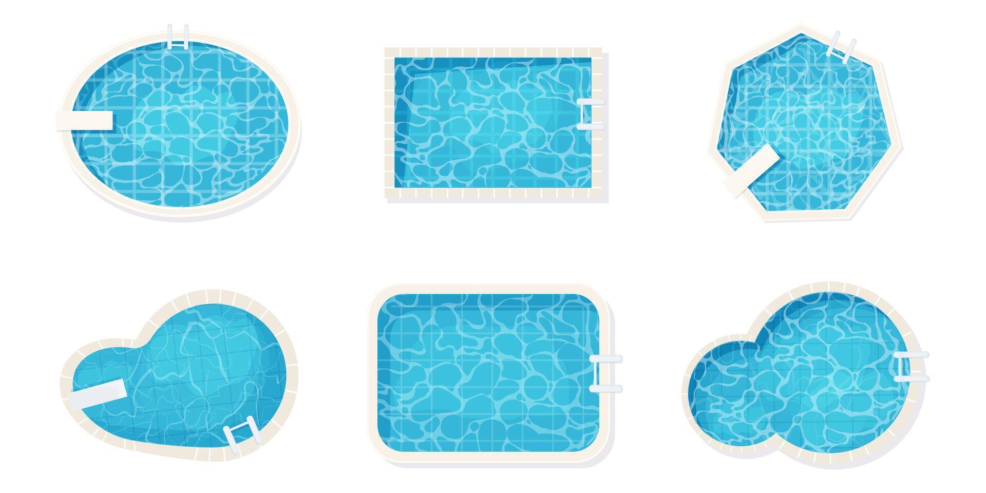 Swimming pool bottom top view with blue water waves texture set. Summer aqua surface with ripples. Collection Spa pool geometrical shapes game texture vector