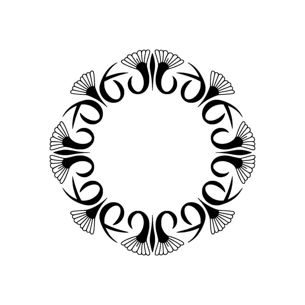 A minimalist border featuring repeating stylized floral elements and elegant scrolling curves arranged in a circular mandala pattern vector