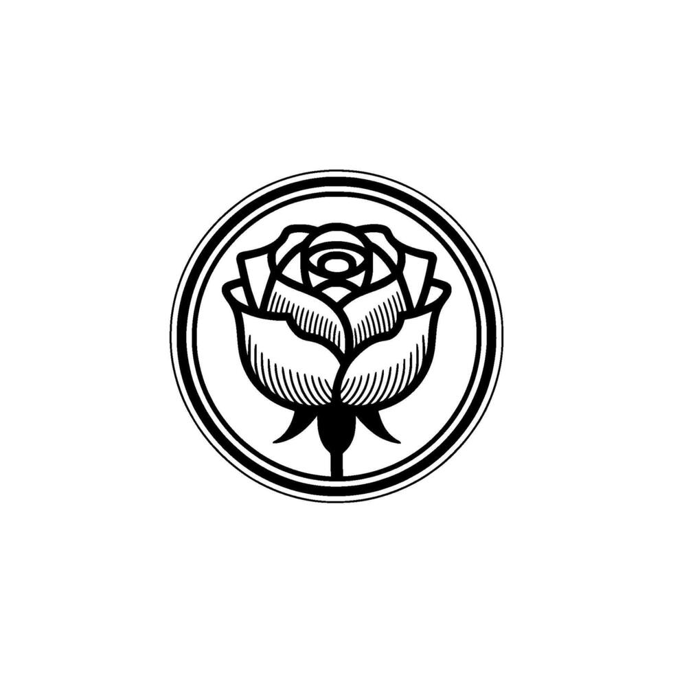 A stylized illustration of a blooming rose enclosed within a decorative circular frame with double borders vector