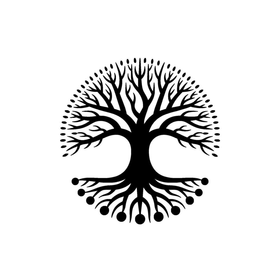 A stylized silhouette of a circular abstract tree of life with intricate branches and roots and small circular fruit or buds vector
