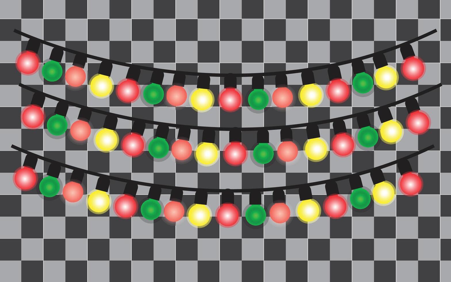 Three rows of red green and yellow string lights on checkered background bulbs vector