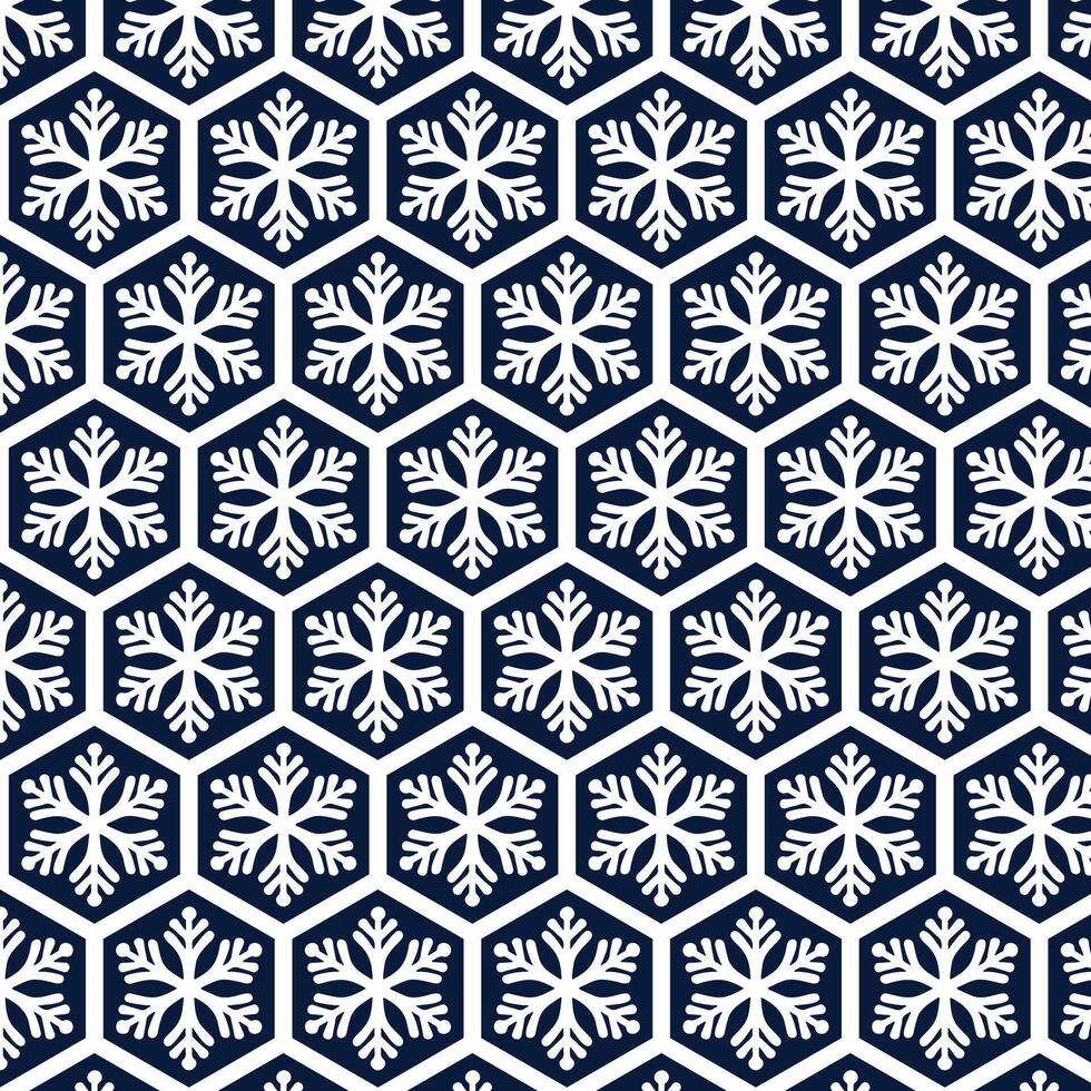 Modern seamless pattern with geometric white snowflakes on deep navy hexagonal tiles. Ideal for winter backgrounds, wrapping paper, textiles and clean holiday design. vector