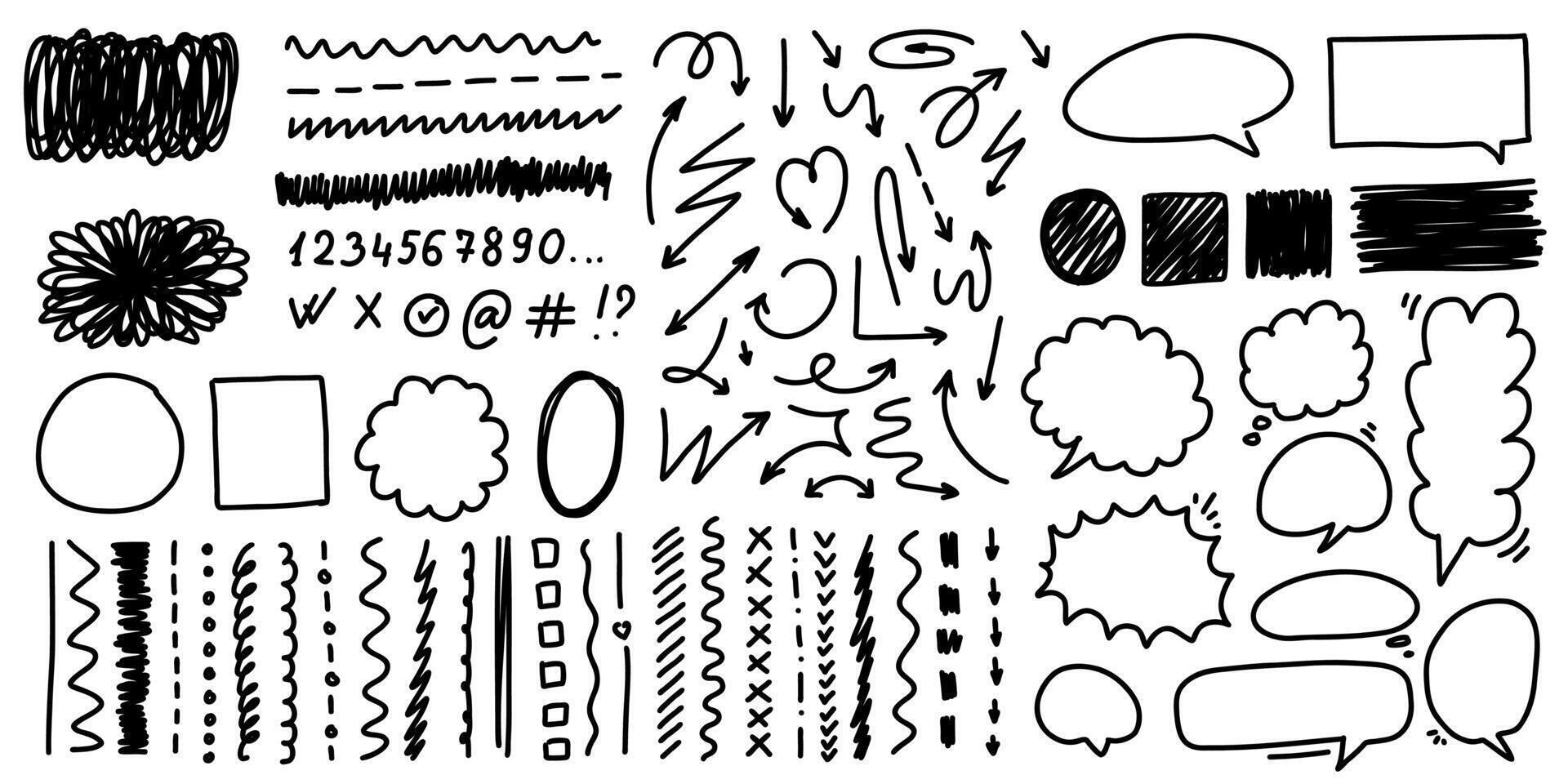 Collection of hand drawn black doodle elements including sketch arrows, speech bubbles, scribbles, numbers, lines, shapes, and symbols on white background vector