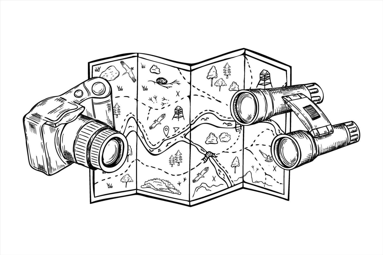 Hand drawn camera and binoculars lying on tourist parchment map isolated illustration. Map with route and destination point, birdwatching optical accessories etching drawing. For local tourism vector