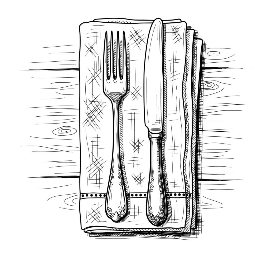 Fork and Knife on Napkin Table Setting. Hand Drawn Vintage Line Art with Ink Hatching. vector