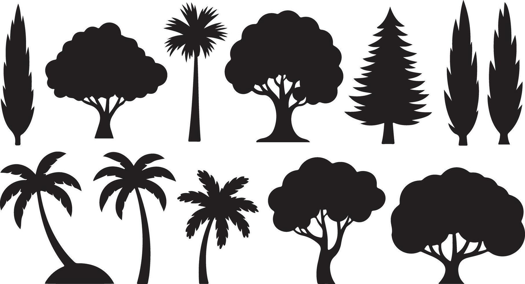 Several black tree silhouettes create a diverse forest, including palm, pine, and leafy trees vector