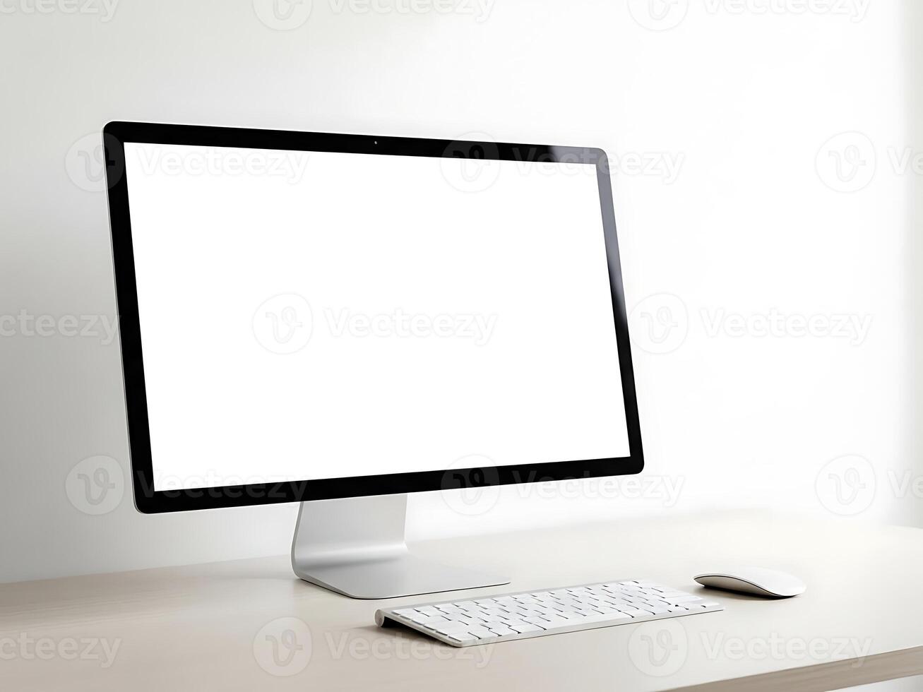 A computer monitor sitting on a desk with a keyboard and mouse photo