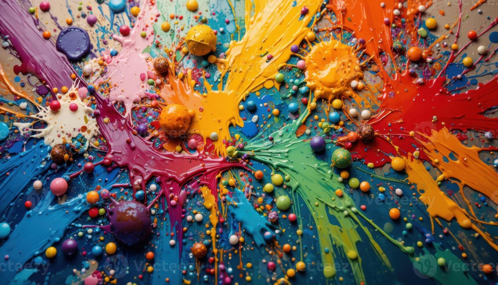 Vibrant Splashes of Paint Create a Colorful Abstract Scene in an Artistic Workspace photo