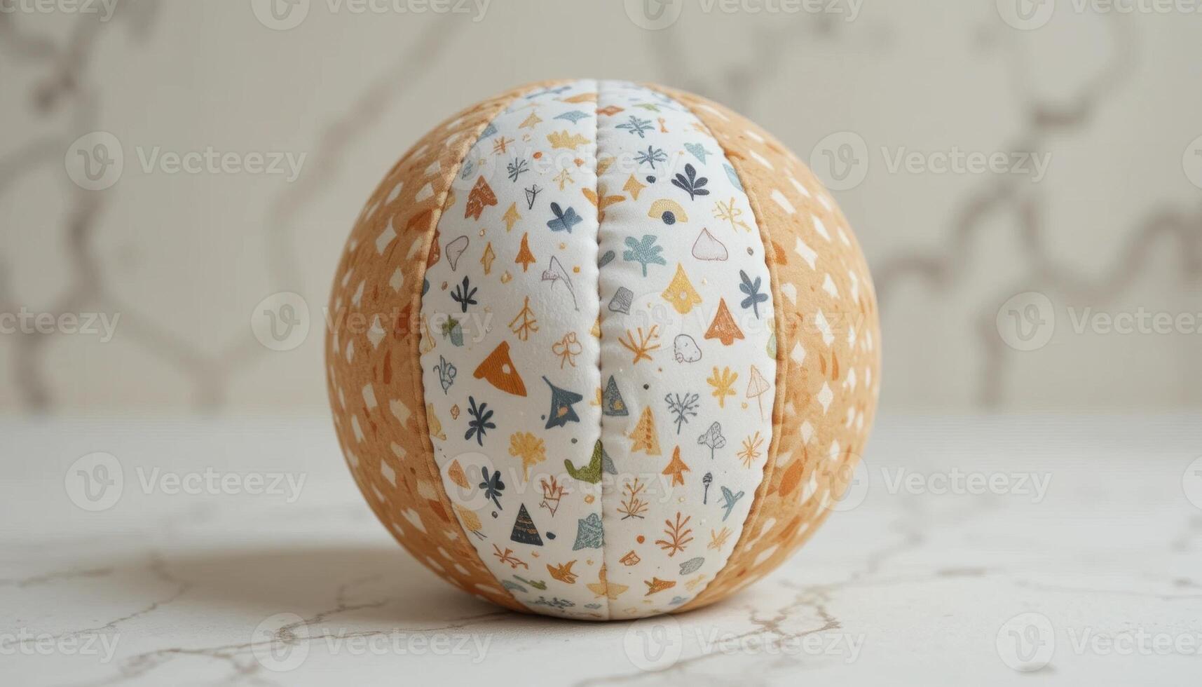 Colorful Fabric Ball With Playful Patterns Placed on a Marble Surface photo