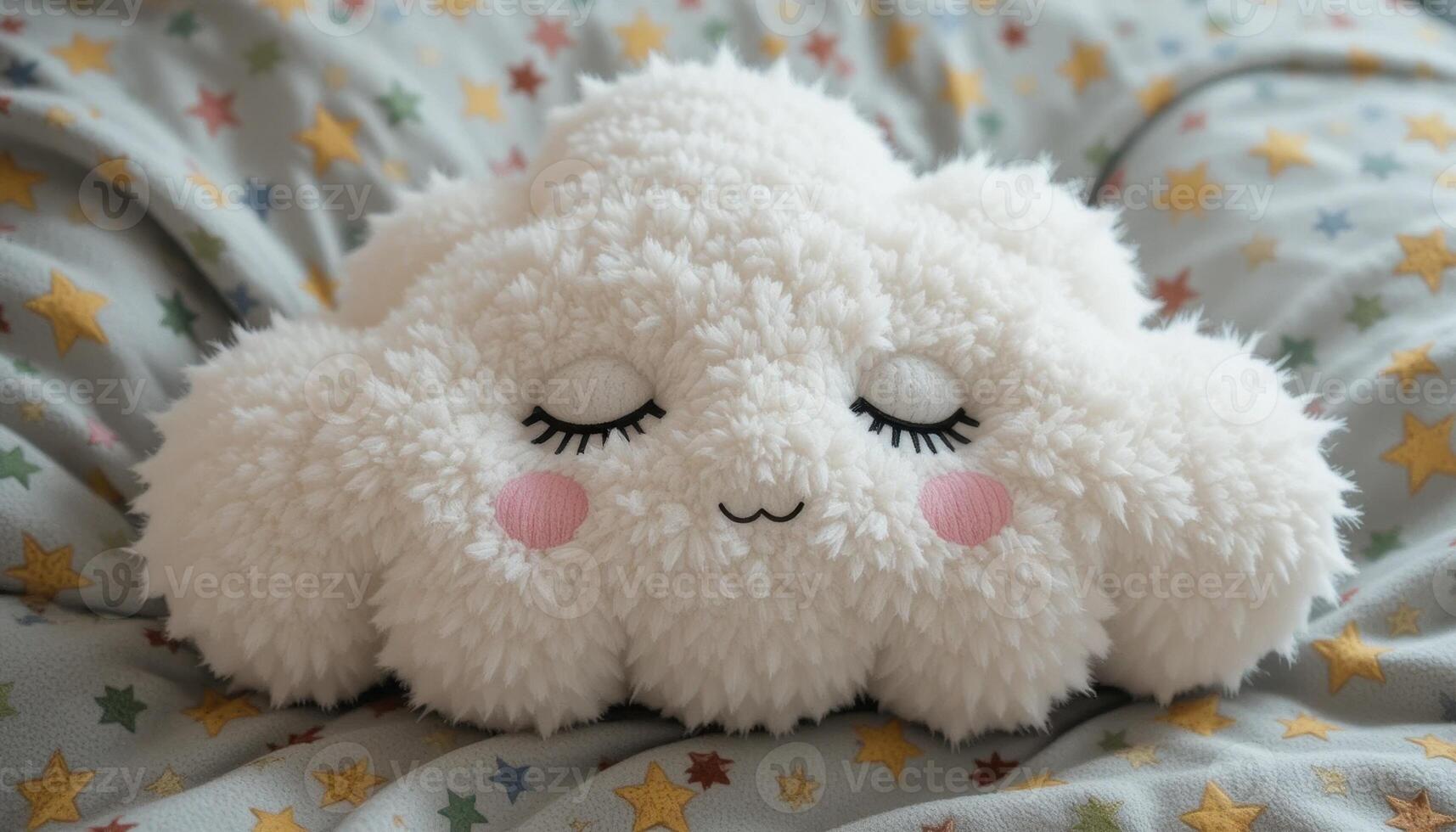 Soft Plush Cloud With a Smiling Face Resting on a Patterned Blanket Covered in Colorful Stars photo