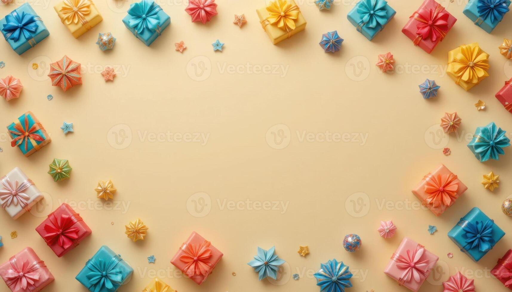 Colorful Wrapped Gifts Arranged in a Circular Pattern on a Light Yellow Background for Festive Occasions photo