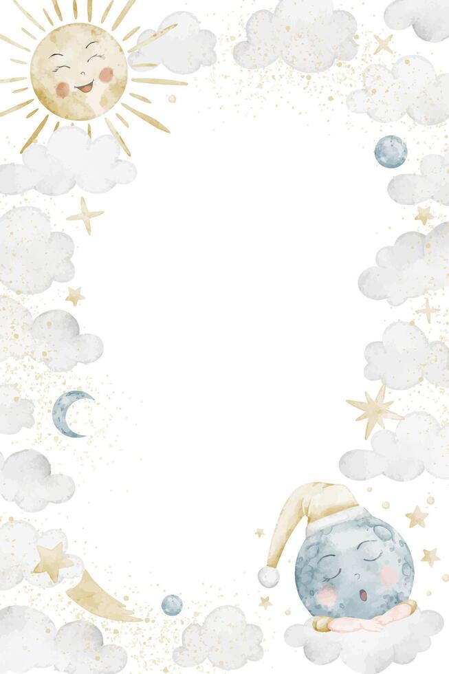 Sky watercolor illustration with clouds, stars, sun and moon forming rectangular vertical Frame for baby shower invitations or childish stationery. Background with celestial elements for nursery. vector