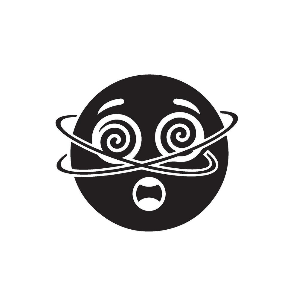 Dizzy emoji in monochrome spirals with orbiting lines conveying a sense of confusion disorientation and overwhelming dizziness and vert vector