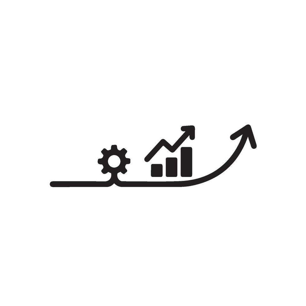 Minimalist line art depicting business growth with a gear transforming into an upward trending graph on a clean white background symbol vector