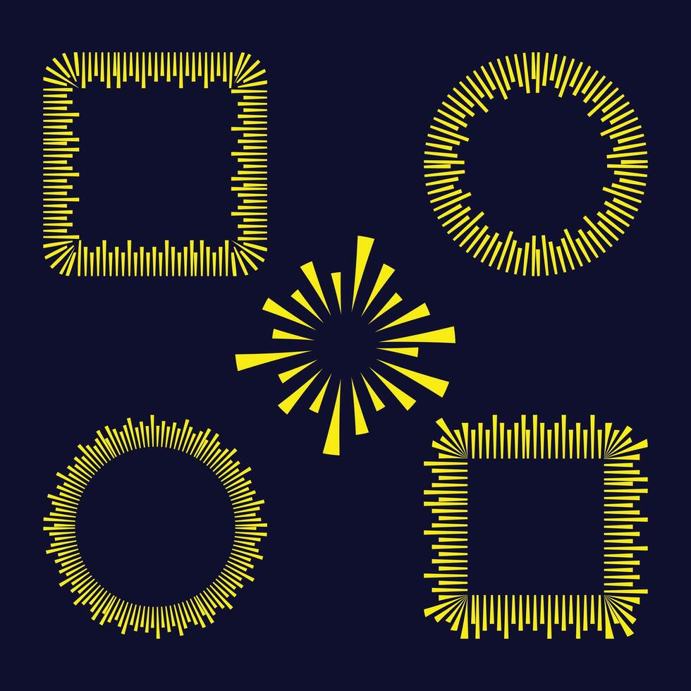 Sunblast abstract yellow frames border collection, square and circular frames with radiating lines. vector