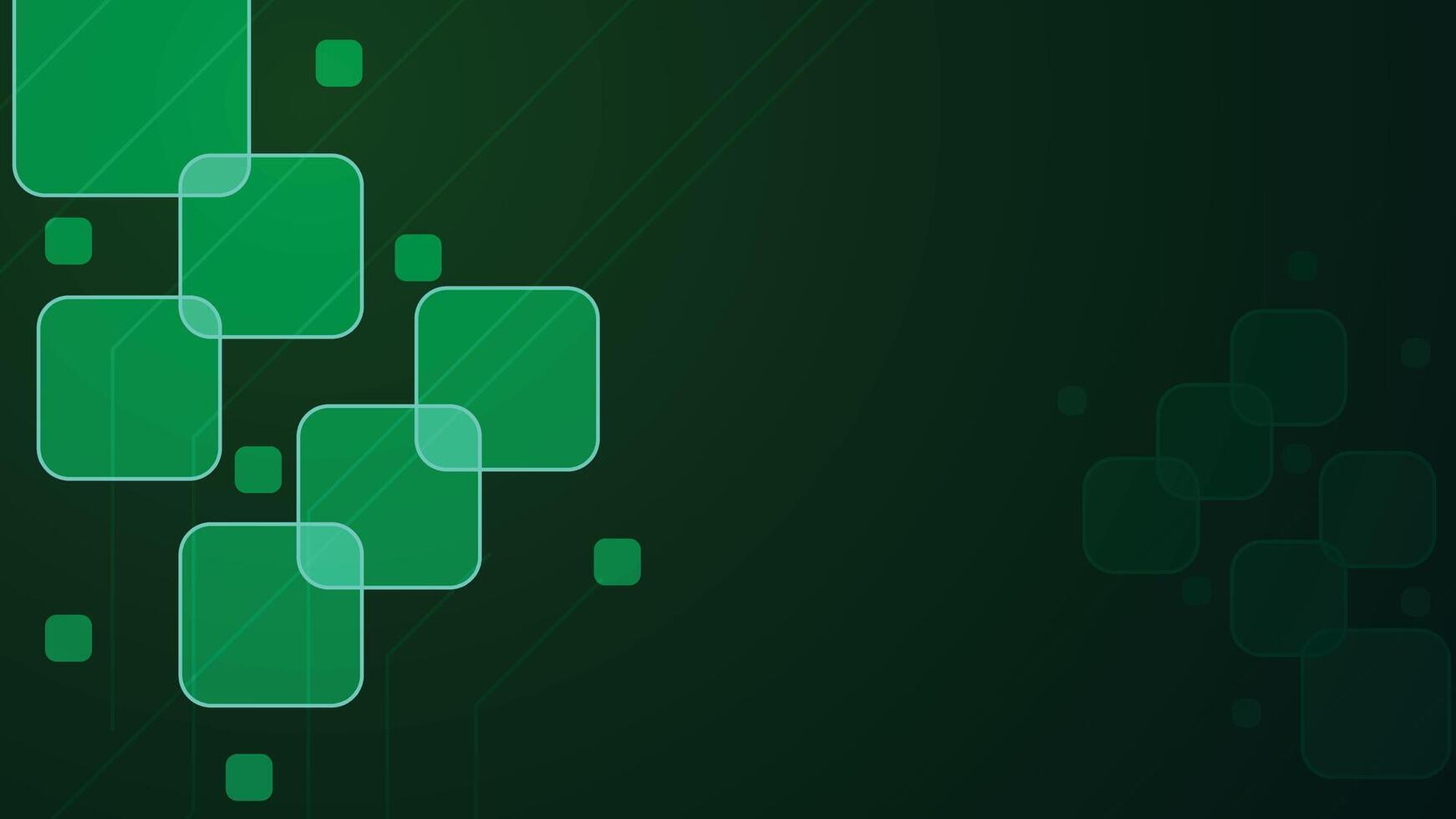 Green geometric abstract background featuring glowing layered squares soft gradients and tech inspired lines ideal for digital design branding presentations wallpapers and creative projects vector