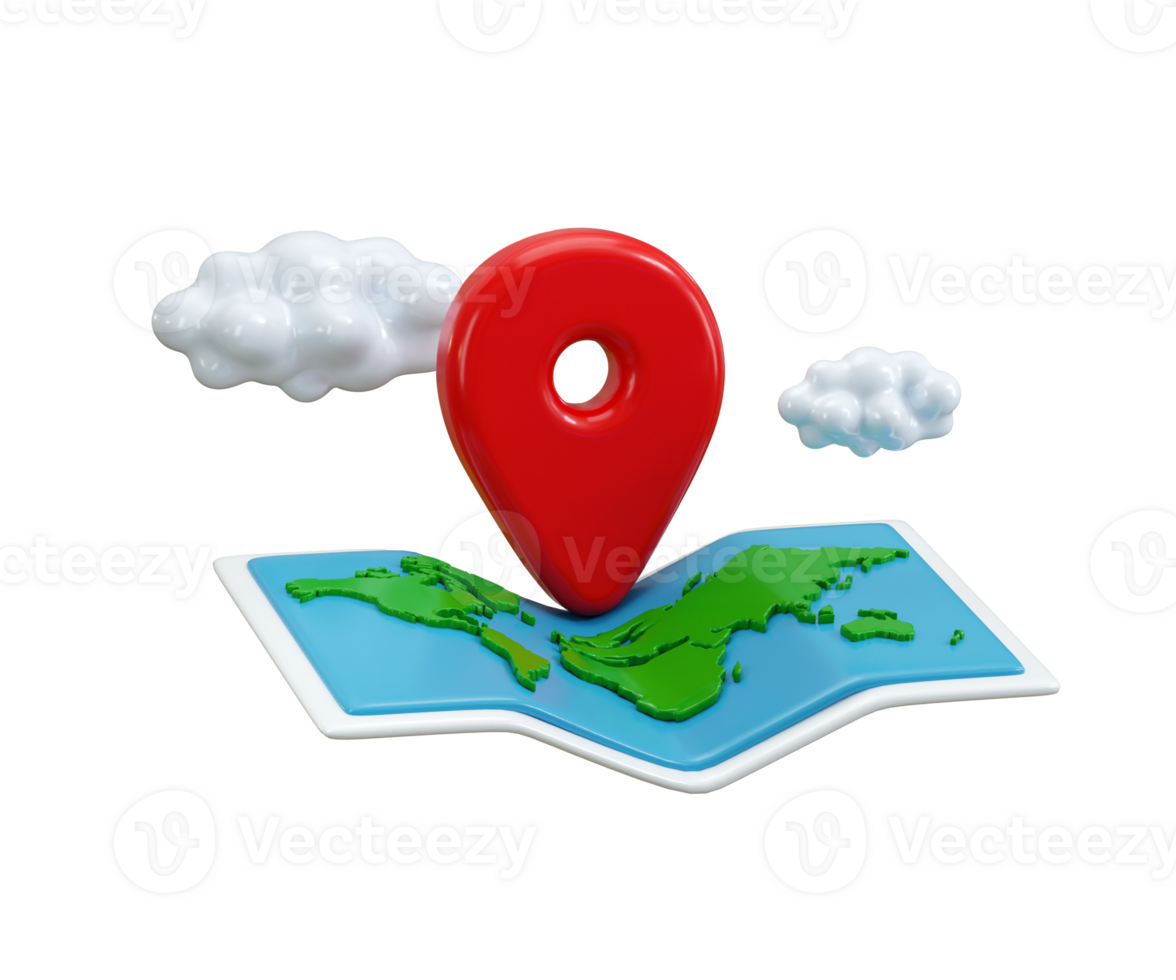 mapa com localização PIN ícone 3d render conceito do 3d mapa com vermelho PIN localização com nuvem ícone ilustração png
