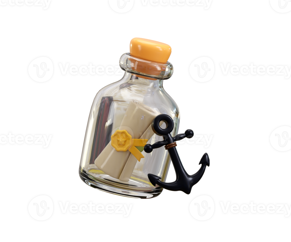 Message in a bottle icon 3d render concept of message in a paper inside the bottle with Ship Anchor icon illustration png